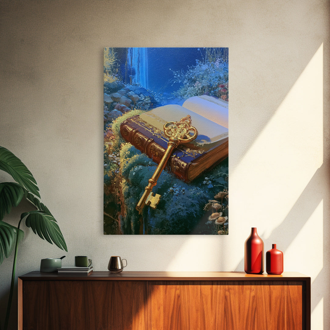 Golden Key and Enchanted Book Still Life Framed Canvas Print, Fairy Tale Art, Abstract Art, Living Room Decor, Storybook, FTA-2x3-41