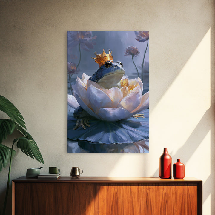 Frog Prince on a Lily Pad Framed Canvas Print, Fairy Tale Art, Canvas Wall Art, Living Room Decor, Fine Art, Storybook, FTA-2x3-43