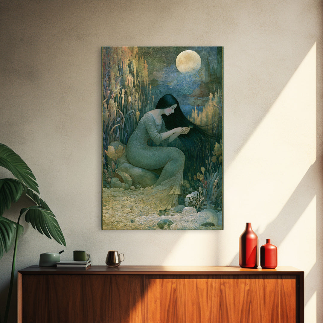 Mermaid Combing Hair Beneath a Pearl Moon Canvas Print, Fairy Tale Art, Luxury Decor, Living Room Decor, Storybook, FTA-2x3-44