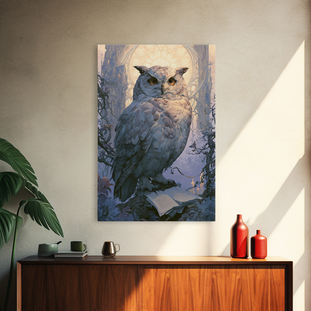 Owl Messenger Carrying a Tiny Ribbon Canvas Print, Fairy Tale Art, Whimsical Decor, Living Room Decor, Fine Art, Storybook, FTA-2x3-49