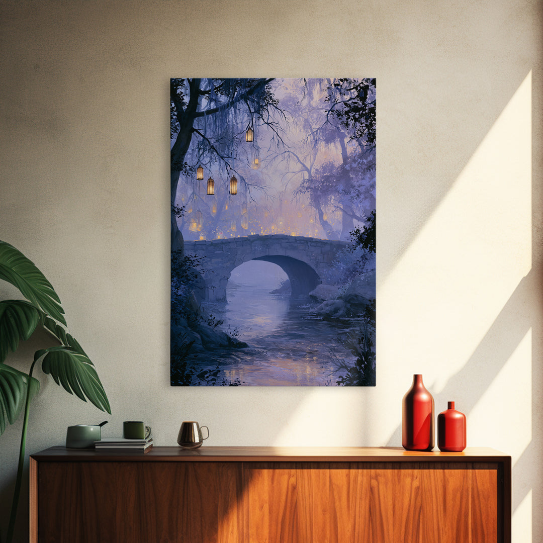 Lantern Lit Bridge Framed Canvas Print, Fairy Tale Art, Original Art, Living Room Decor, Fine Art, Storybook, Folk Art, FTA-2x3-55