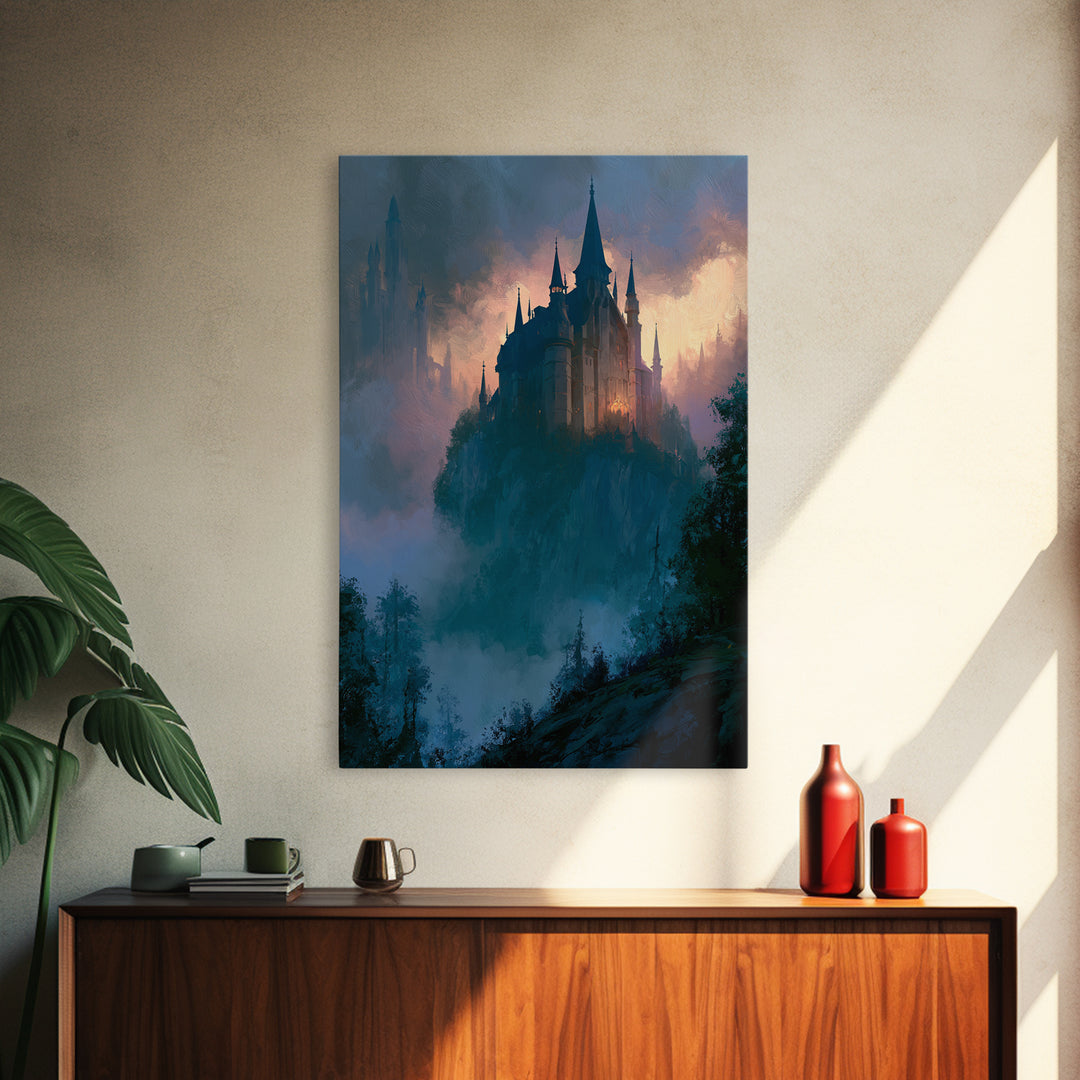 Storybook Castle on a Misty Hill Canvas Print, Fairy Tale Art, Canvas Wall Art, Living Room Decor, Fine Art, Storybook, FTA-2x3-58