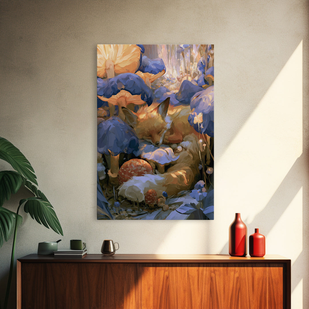 Sleeping Fox Beside a Magical Mushroom Ring Canvas Print, Fairy Tale Art, Boho Wall Art, Living Room Decor, Storybook, FTA-2x3-59