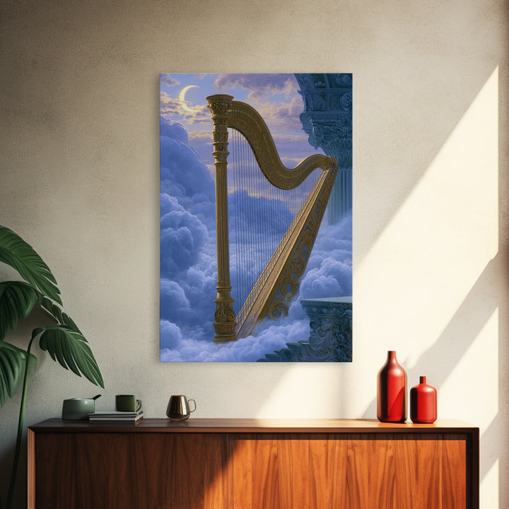 Golden Harp in a Cloud Kingdom Framed Canvas Print, Fairy Tale Art, Minimalist Decor, Living Room Decor, Fine Art, Storybook, FTA-2x3-6