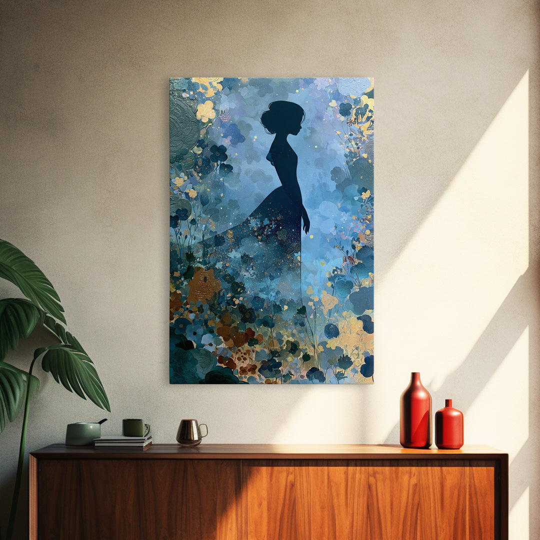 Princess Silhouette with Moonlit Garden Flowers Canvas Print, Fairy Tale Art, Art Nouveau, Living Room Decor, Storybook, FTA-2x3-60