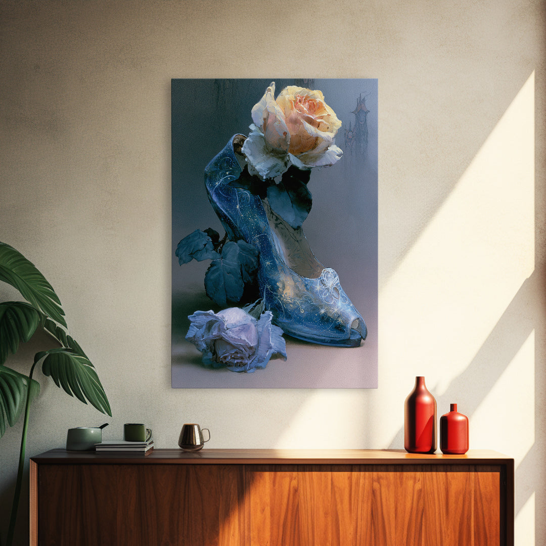 Glass Slipper Still Life Canvas Print, Fairy Tale Art, Abstract Art, Living Room Decor, Storybook, Kids Room Art, FTA-2x3-62