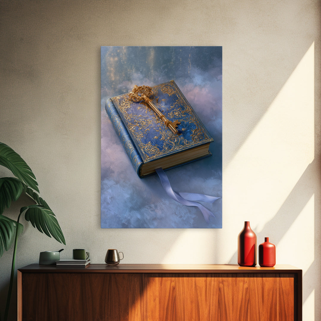 Golden Key and Enchanted Book Still Life Canvas Print, Fairy Tale Art, Nursery Art, Living Room Decor, Fine Art, Storybook, FTA-2x3-65