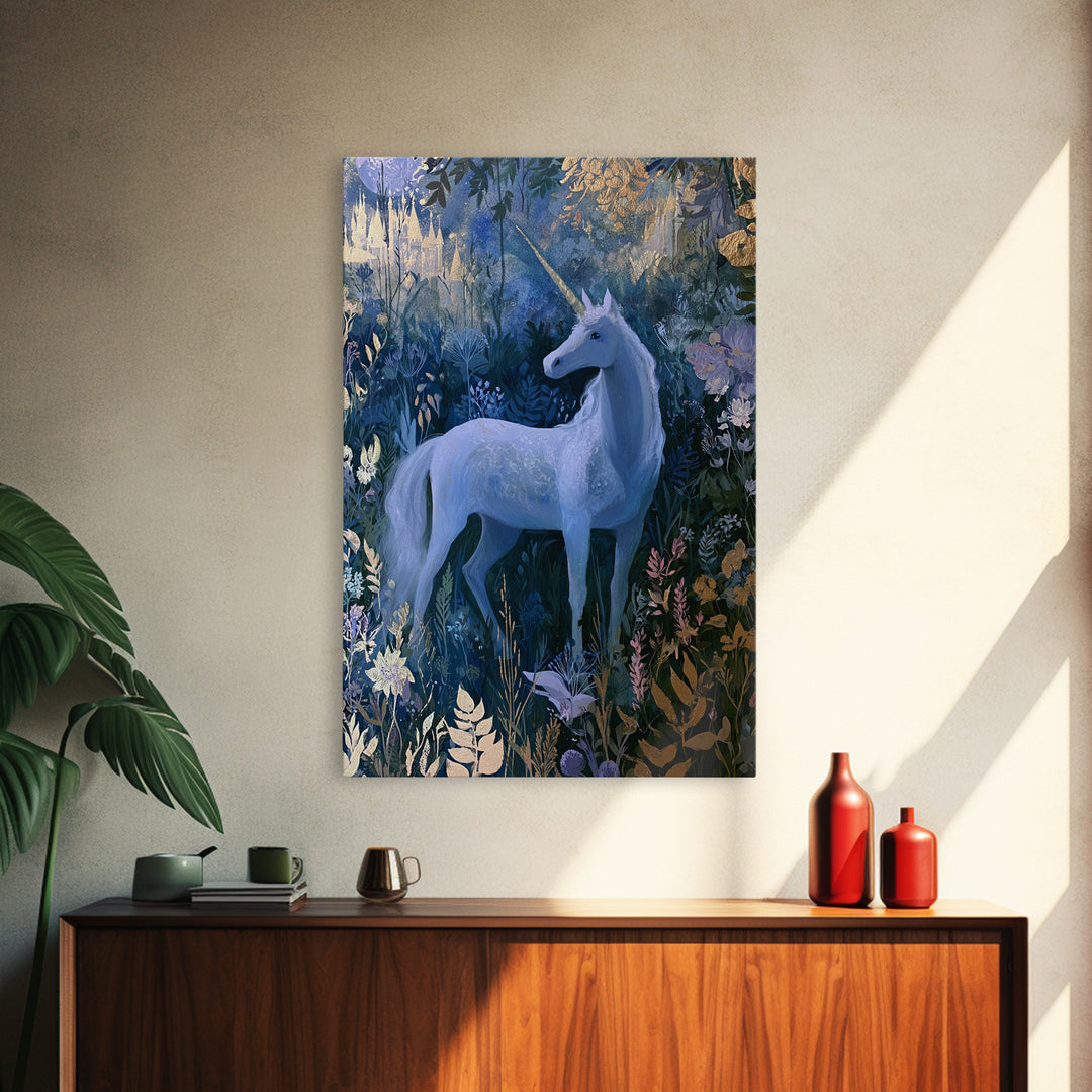 Unicorn in a Moonlit Meadow Canvas Print, Fairy Tale Art, Art Deco, Living Room Decor, Fine Art, Storybook, Whimsical Art, FTA-2x3-66