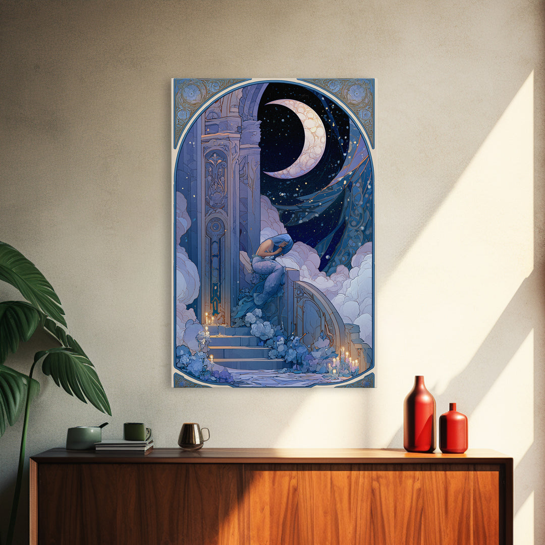 Mermaid Combing Hair Beneath a Pearl Moon Framed Canvas Print, Fairy Tale Art, Nursery Art, Living Room Decor, Storybook, FTA-2x3-68