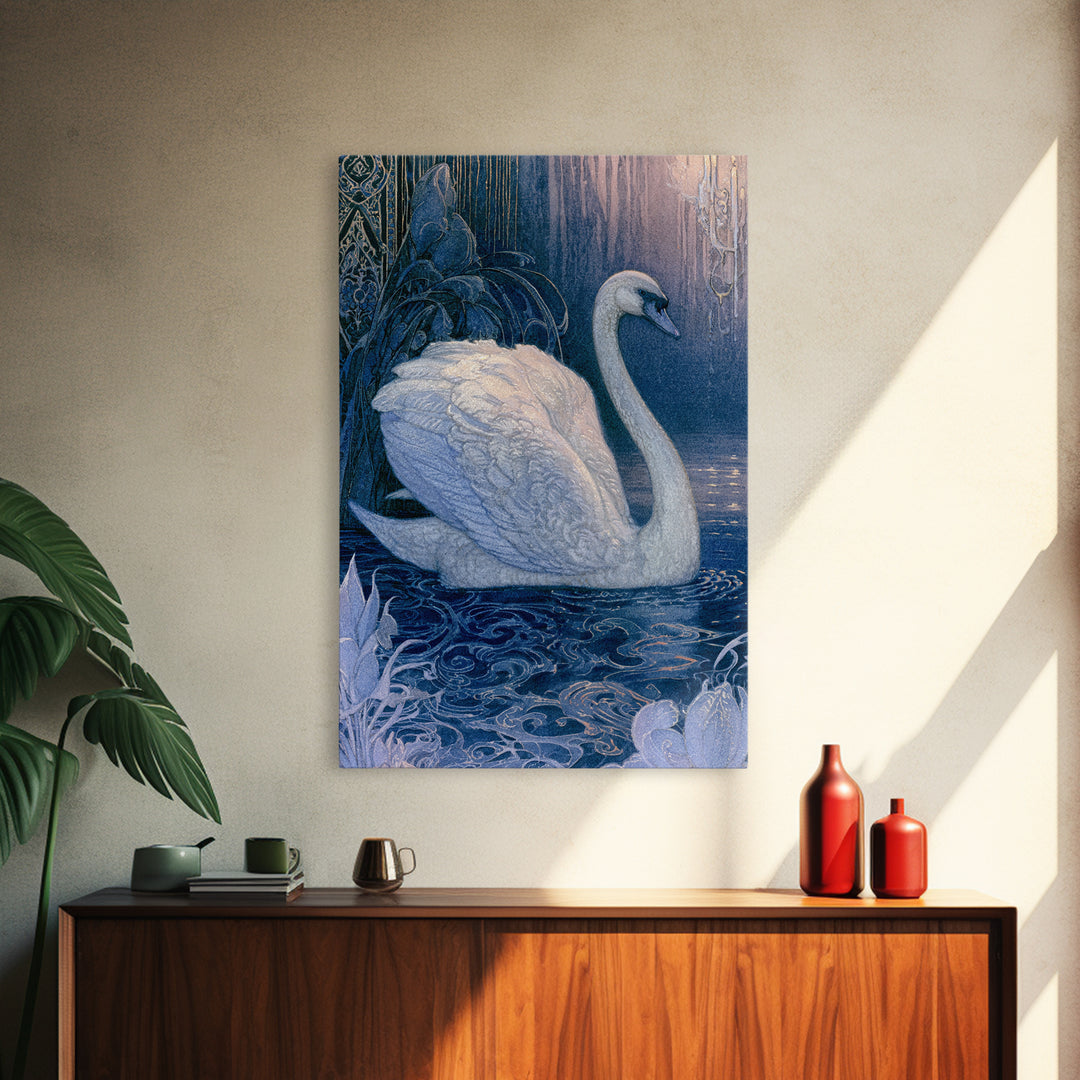 White Swan Transformation Scene Canvas Print, Fairy Tale Art, Nursery Art, Living Room Decor, Storybook, Art Nouveau Print, FTA-2x3-71