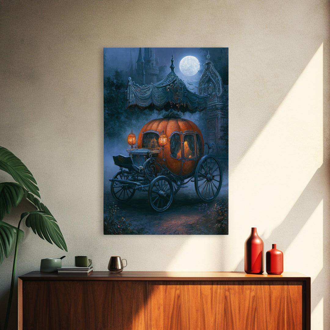Pumpkin Carriage under Midnight Sky Canvas Print, Fairy Tale Art, Art Deco, Living Room Decor, Oil Painting, Storybook, FTA-2x3-72