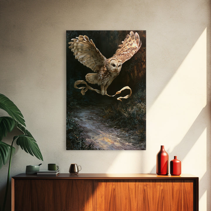 Owl Messenger Carrying a Tiny Ribbon Framed Canvas Print, Fairy Tale Art, Whimsical Art, Living Room Decor, Fine Art, Storybook, FTA-2x3-73
