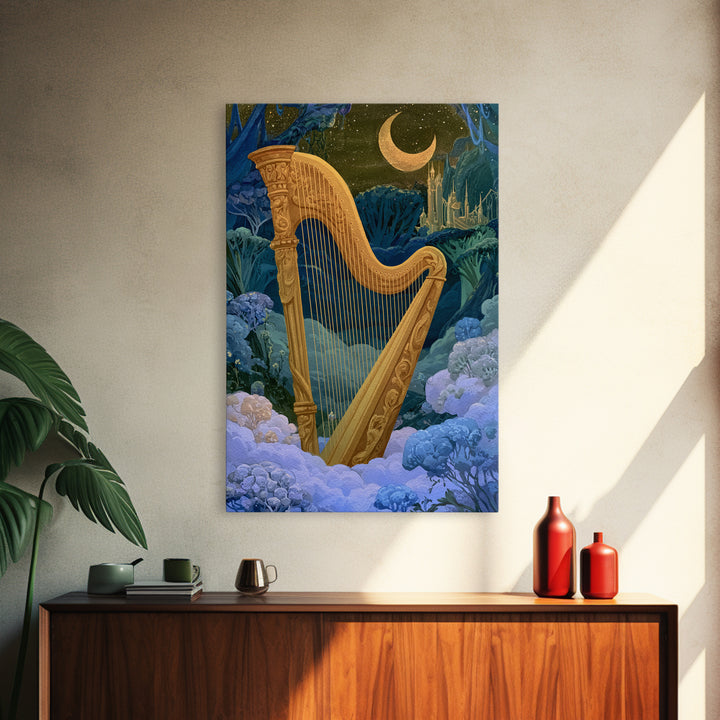 Golden Harp in a Cloud Kingdom Framed Canvas Print, Fairy Tale Art, Art Nouveau, Living Room Decor, Fine Art, Storybook, FTA-2x3-78
