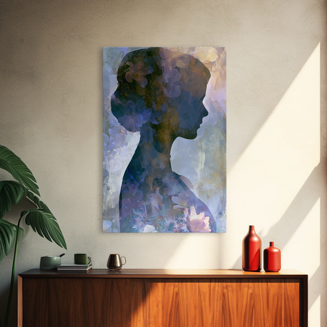 Princess Silhouette with Moonlit Garden Flowers Canvas Print, Fairy Tale Art, Modern Decor, Living Room Decor, Storybook, FTA-2x3-84