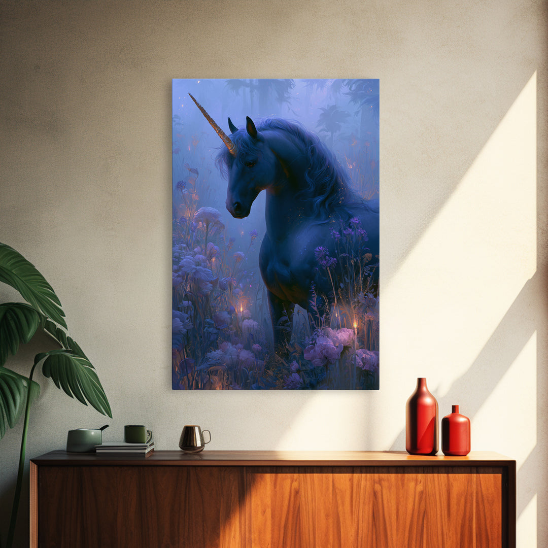 Unicorn in a Moonlit Meadow Framed Canvas Print, Fairy Tale Art, Printable Art, Living Room Decor, Oil Painting, Storybook, FTA-2x3-90