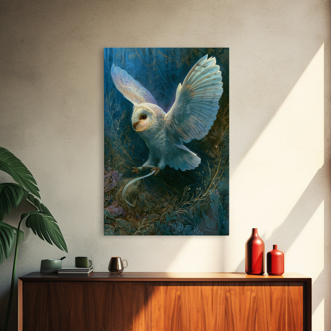 Owl Messenger Carrying a Tiny Ribbon Framed Canvas Print, Fairy Tale Art, Whimsical Art, Living Room Decor, Fine Art, Storybook, FTA-2x3-97