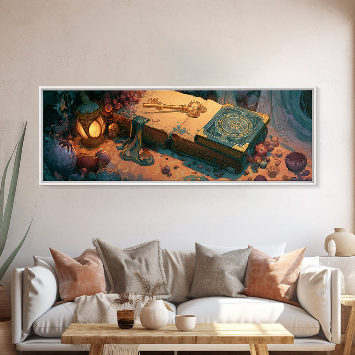 Golden Key and Enchanted Book Still Life Framed Canvas Print, Fairy Tale Art, Folk Art, Living Room Decor, Fine Art, Storybook, FTA-3x1-1