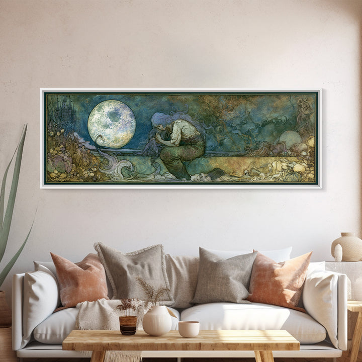 Mermaid Combing Hair Beneath a Pearl Moon Canvas Print, Fairy Tale Art, Living Room Decor, Abstract Art, Storybook, FTA-3x1-100