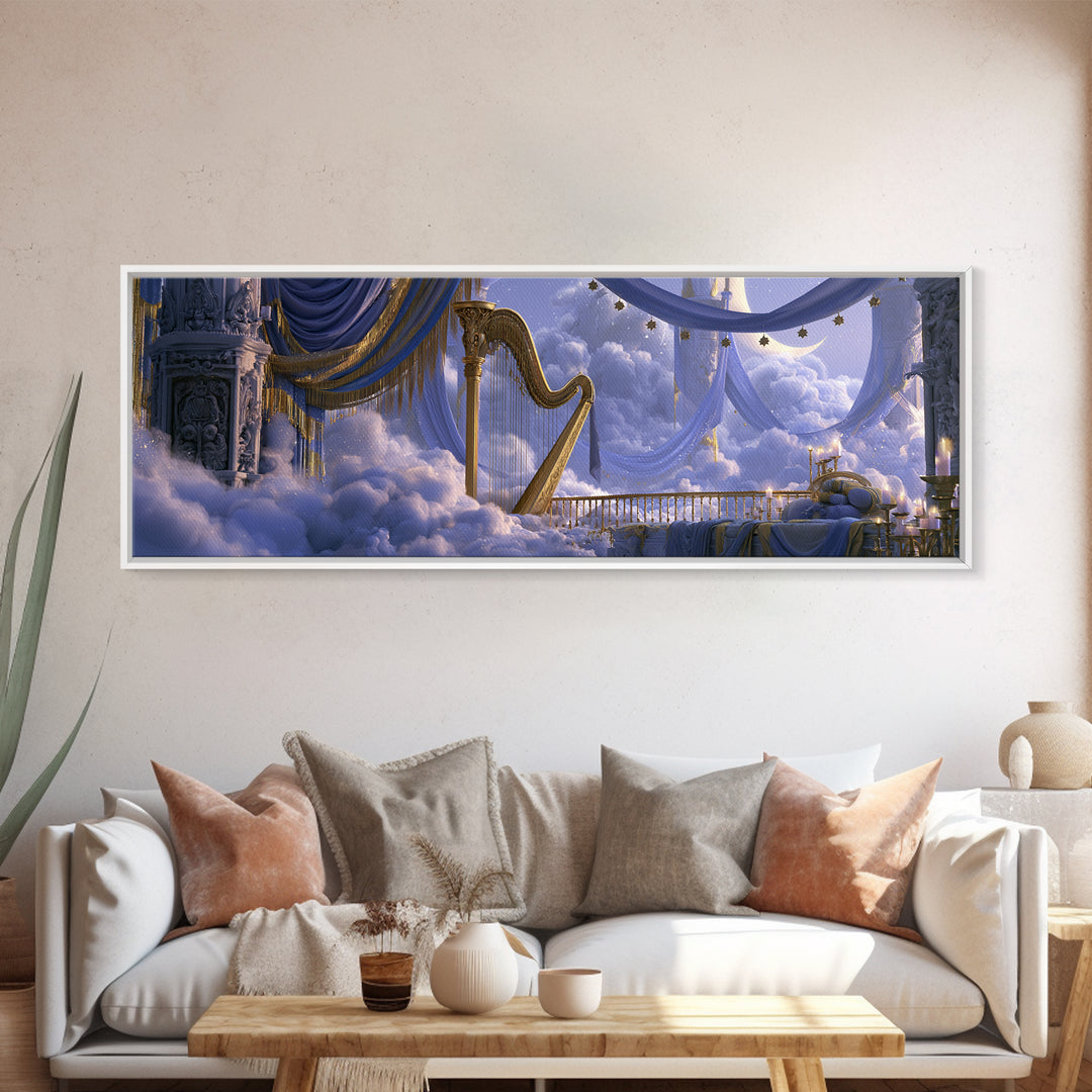 Golden Harp in a Cloud Kingdom Canvas Print, Fairy Tale Art, Modern Decor, Living Room Decor, Fine Art, Storybook, Wall Decor, FTA-3x1-14