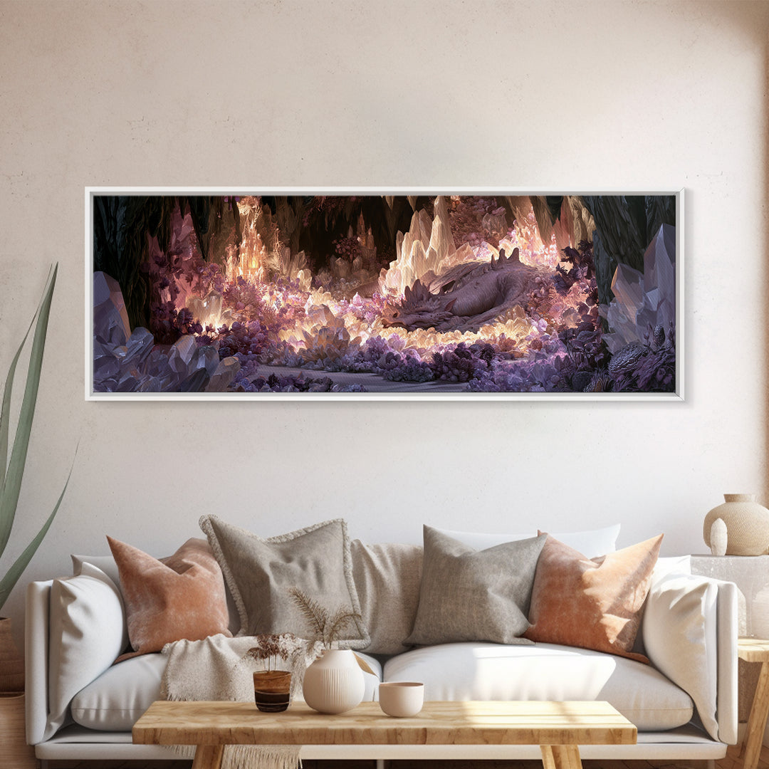 Sleeping Dragon in a Cave of Crystals Canvas Print, Fairy Tale Art, Folk Art, Living Room Decor, Fine Art, Storybook, FTA-3x1-16