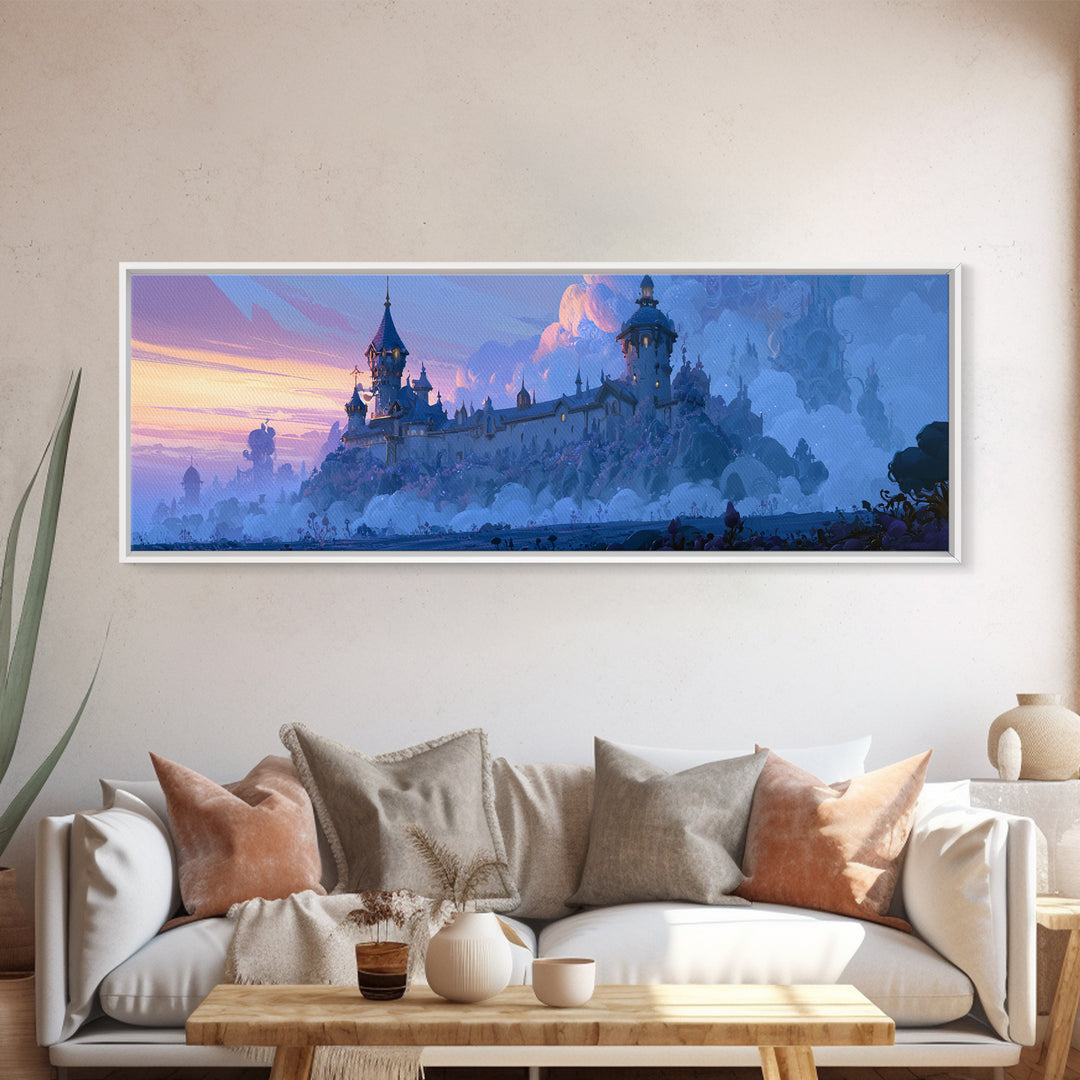 Storybook Castle on a Misty Hill Framed Canvas Print, Fairy Tale Art, Whimsical Decor, Living Room Decor, Fine Art, Storybook, FTA-3x1-18