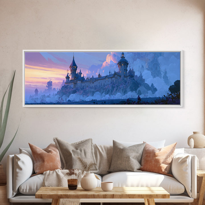 Storybook Castle on a Misty Hill Framed Canvas Print, Fairy Tale Art, Whimsical Decor, Living Room Decor, Fine Art, Storybook, FTA-3x1-18