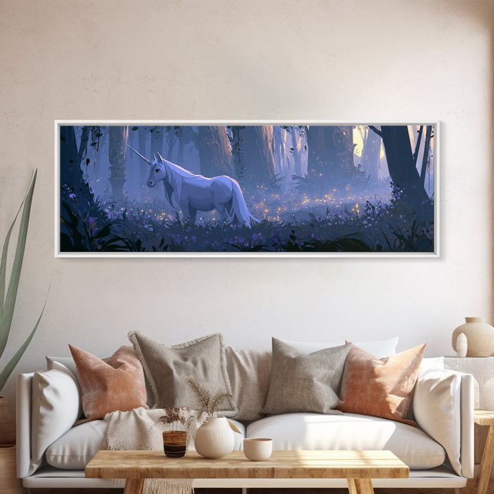 Unicorn in a Moonlit Meadow Framed Canvas Print, Fairy Tale Art, Art Nouveau, Living Room Decor, Fine Art, Storybook, FTA-3x1-2