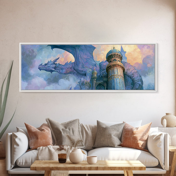Dragon Curled Around a Jeweled Tower Canvas Print, Fairy Tale Art, Whimsical Wall Art, Living Room Decor, Fine Art, Storybook, FTA-3x1-21