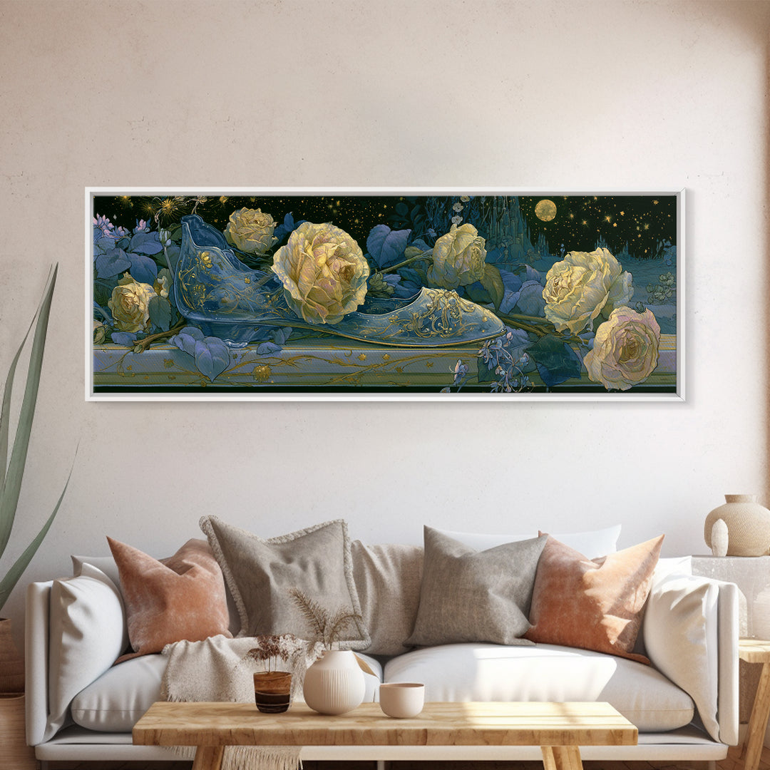 Glass Slipper Still Life Canvas Print, Fairy Tale Art, Living Room Decor, Abstract Art, Storybook, Art Nouveau, FTA-3x1-22