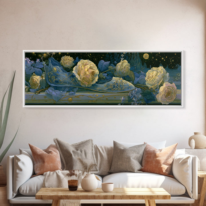 Glass Slipper Still Life Canvas Print, Fairy Tale Art, Living Room Decor, Abstract Art, Storybook, Art Nouveau, FTA-3x1-22