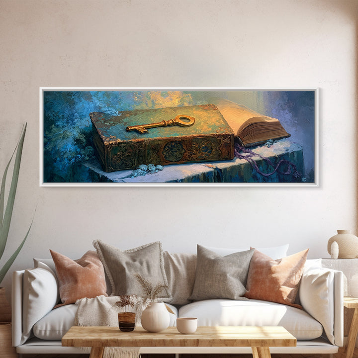 Golden Key and Enchanted Book Still Life Canvas Print, Fairy Tale Art, Kids Room Decor, Living Room Decor, Abstract Art, FTA-3x1-25
