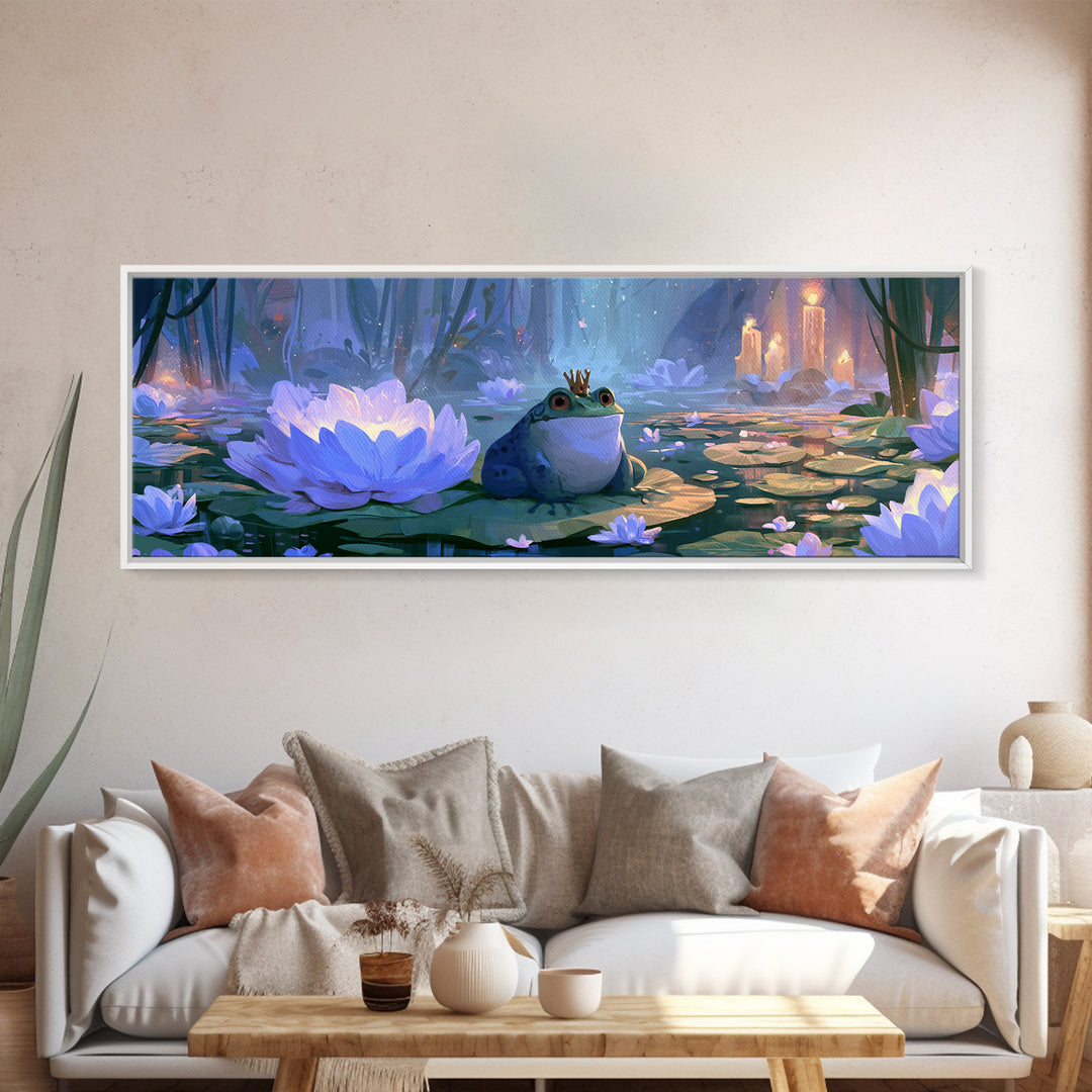 Frog Prince on a Lily Pad Framed Canvas Print, Fairy Tale Art, Textured Painting, Living Room Decor, Fine Art, Storybook, FTA-3x1-27
