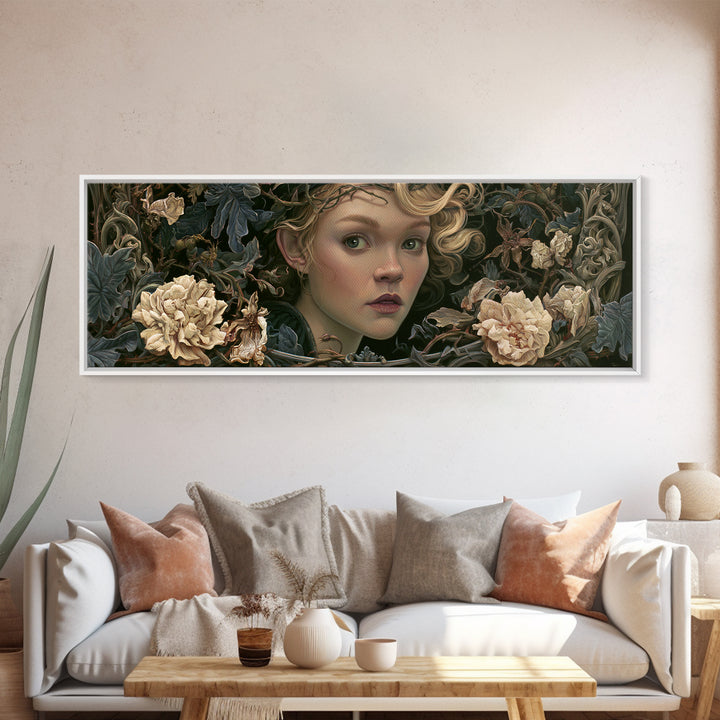 Magic Mirror Framed by Vines and Thorns Canvas Print, Fairy Tale Art, Princess Wall Art, Living Room Decor, Oil Painting, FTA-3x1-29
