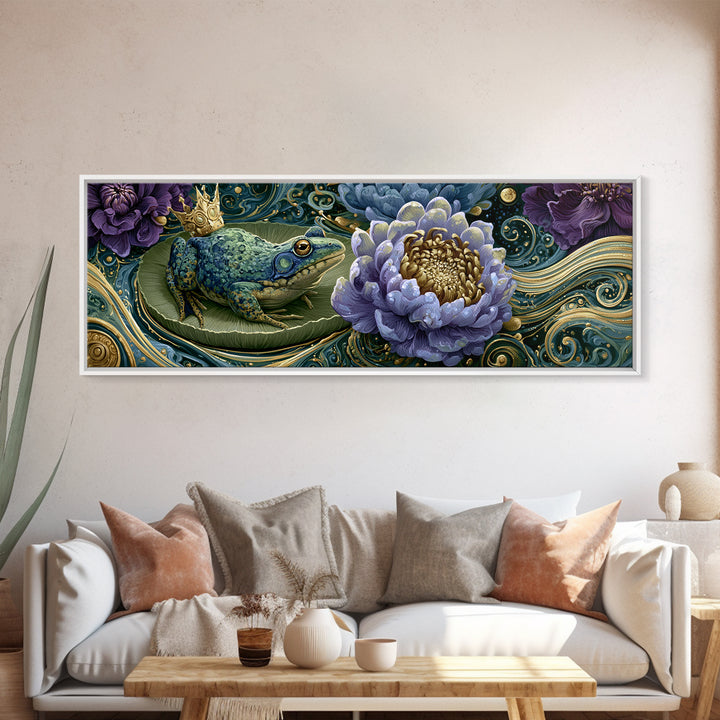 Frog Prince on a Lily Pad Canvas Print, Fairy Tale Art, Fine Art Print, Living Room Decor, Fine Art, Storybook, Painting, FTA-3x1-3