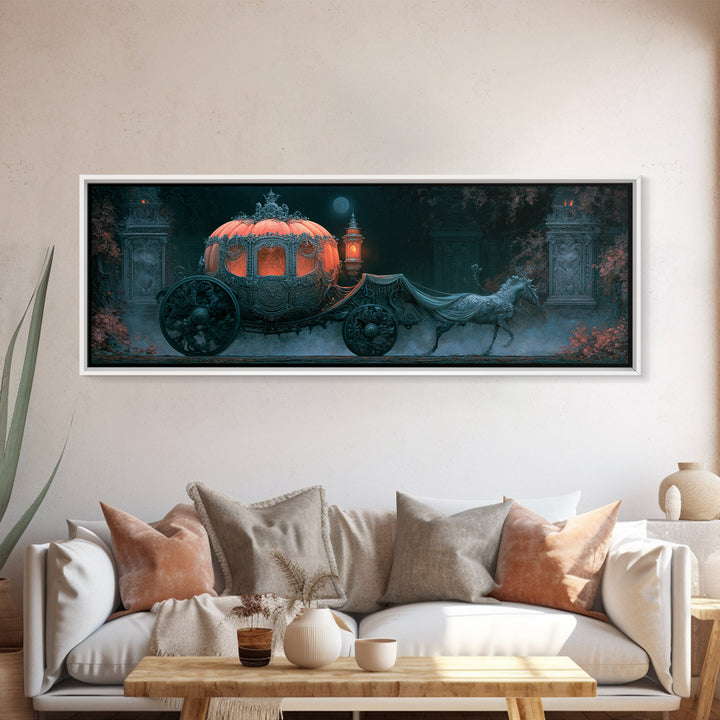 Pumpkin Carriage under Midnight Sky Framed Canvas Print, Fairy Tale Art, Art Nouveau Print, Living Room Decor, Watercolor Art, FTA-3x1-32