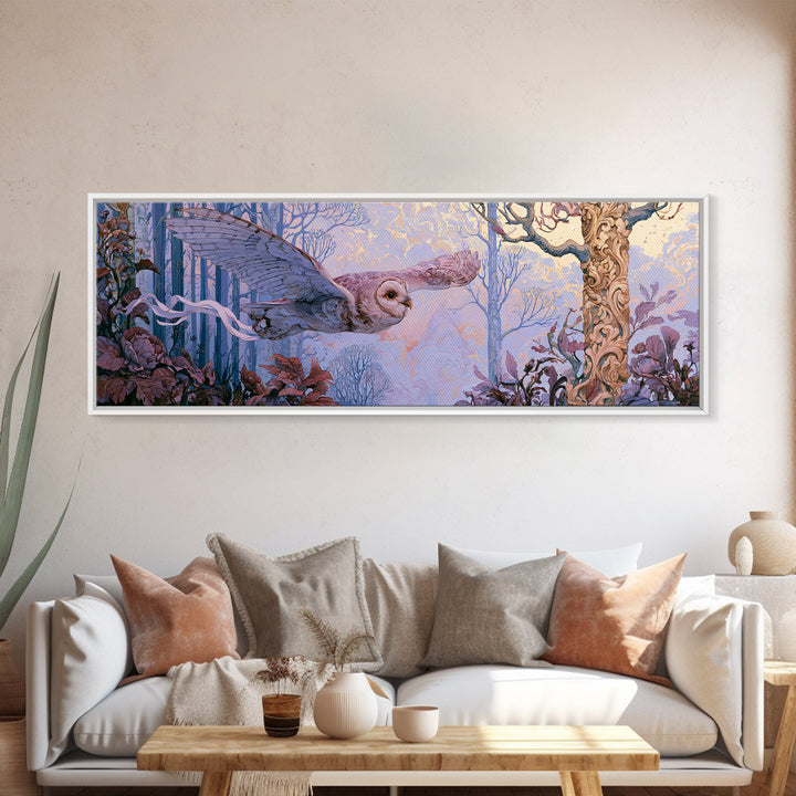 Owl Messenger Carrying a Tiny Ribbon Canvas Print, Fairy Tale Art, Dark Art, Living Room Decor, Storybook, Statement Artwork, FTA-3x1-33