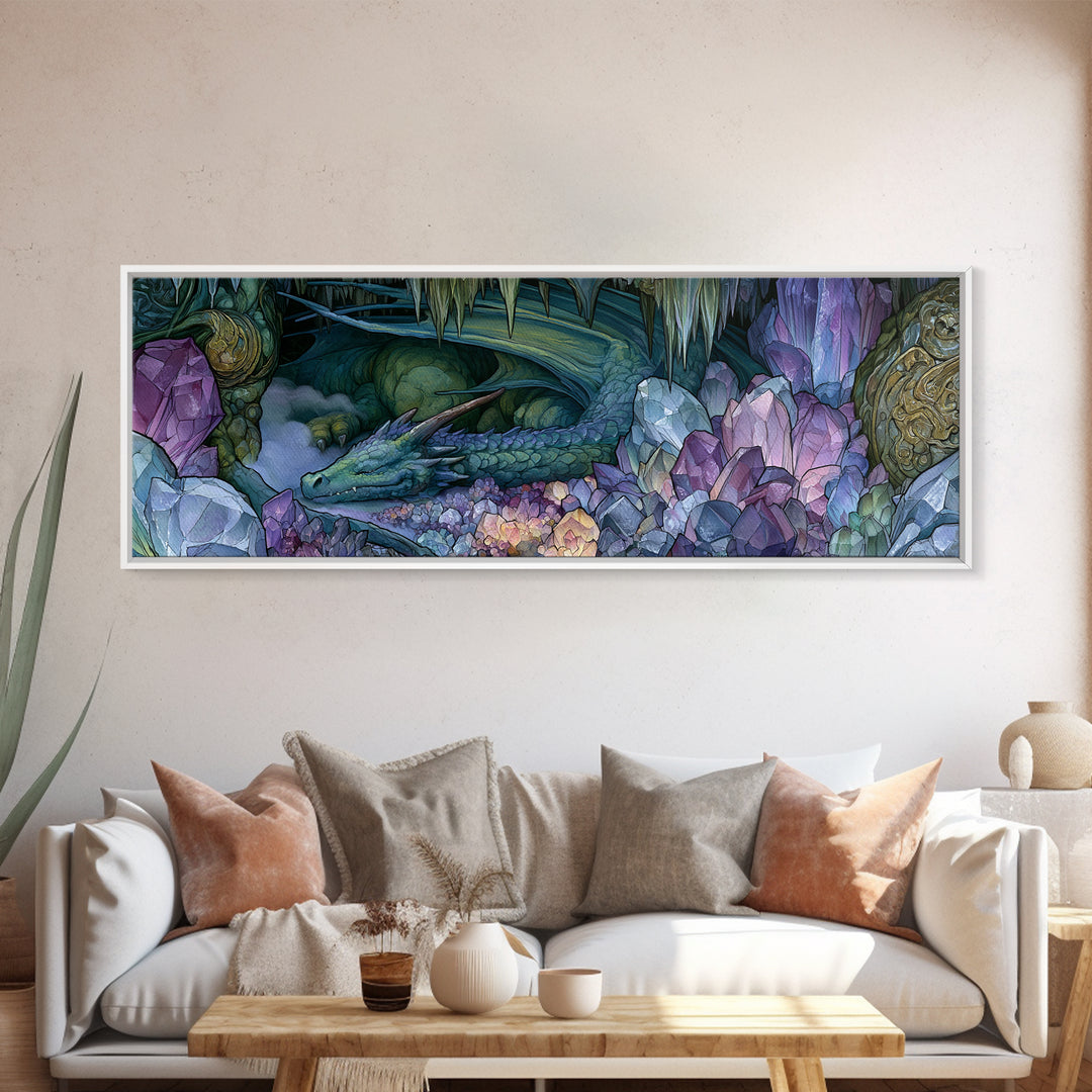 Sleeping Dragon in a Cave of Crystals Canvas Print, Fairy Tale Art, Neutral Decor, Living Room Decor, Fine Art, Storybook, FTA-3x1-40