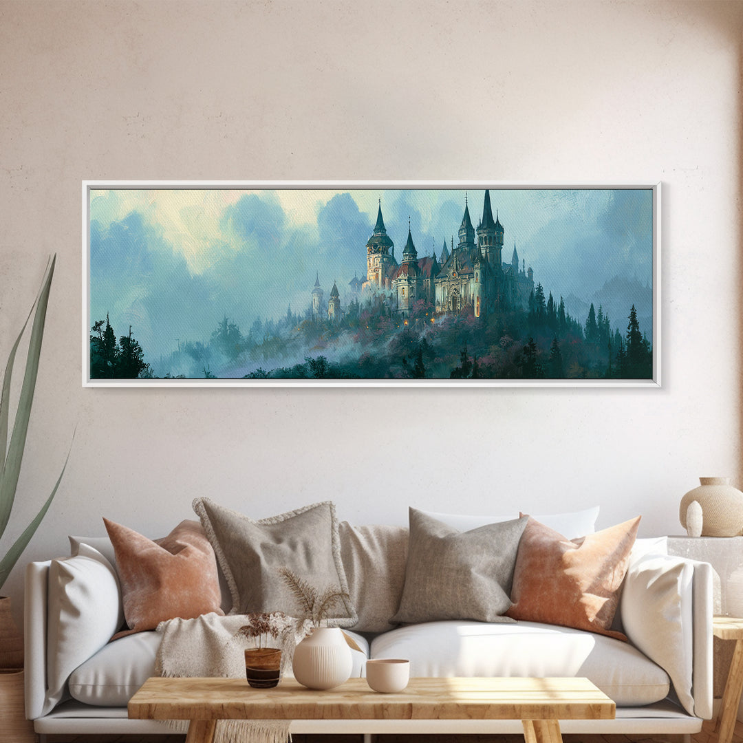 Storybook Castle on a Misty Hill Canvas Print, Fairy Tale Art, Whimsical Art, Living Room Decor, Fine Art, Storybook, FTA-3x1-42