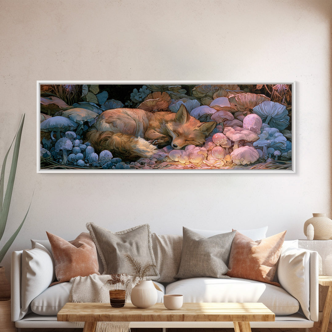 Sleeping Fox Beside a Magical Mushroom Ring Canvas Print, Fairy Tale Art, Printable Wall Art, Living Room Decor, Storybook, FTA-3x1-43