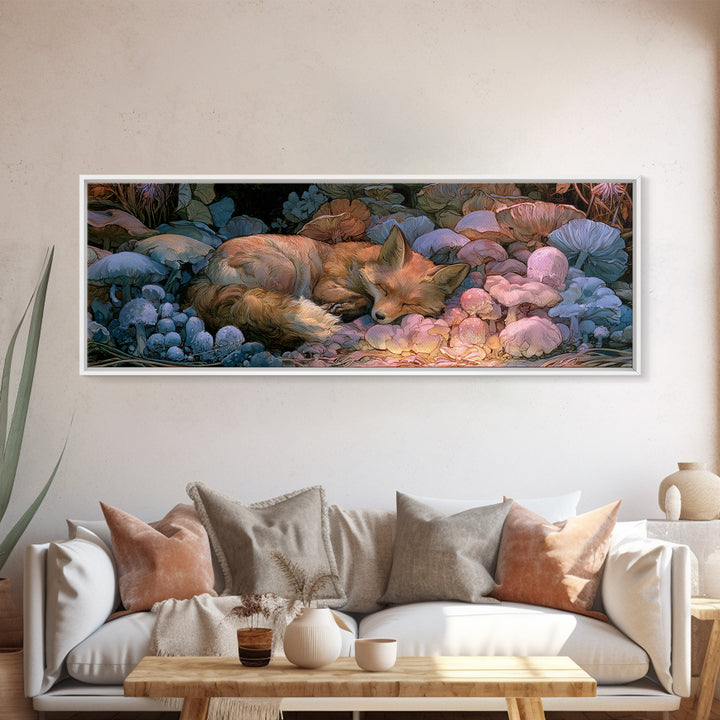 Sleeping Fox Beside a Magical Mushroom Ring Canvas Print, Fairy Tale Art, Printable Wall Art, Living Room Decor, Storybook, FTA-3x1-43
