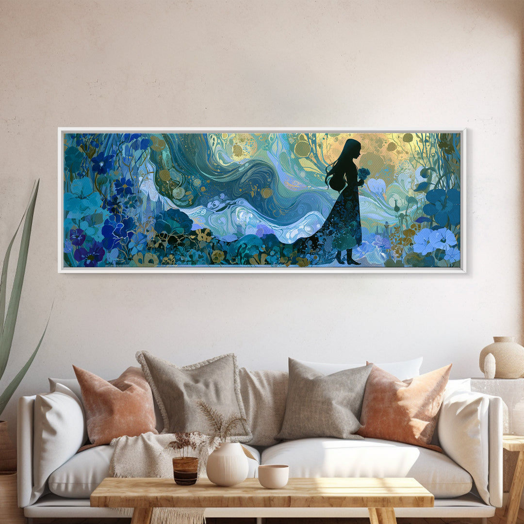 Princess Silhouette with Moonlit Garden Flowers Canvas Print, Fairy Tale Art, Modern Decor, Living Room Decor, Storybook, FTA-3x1-44