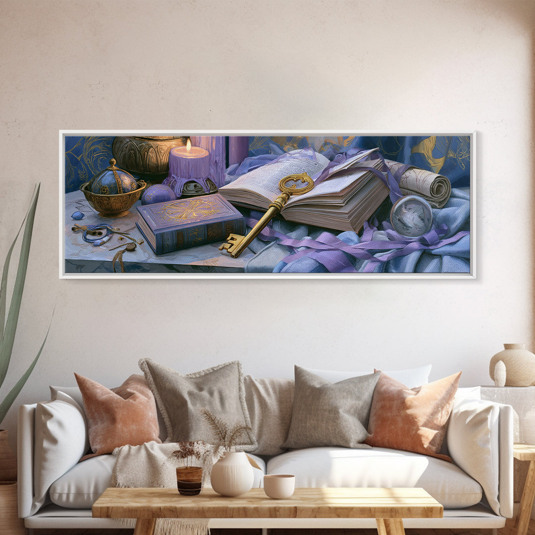 Golden Key and Enchanted Book Still Life Canvas Print, Fairy Tale Art, Kids Room Decor, Living Room Decor, Abstract Art, FTA-3x1-49