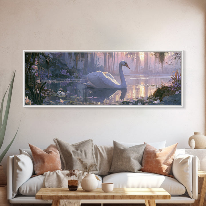 White Swan Transformation Scene Framed Canvas Print, Fairy Tale Art, Painting, Living Room Decor, Fine Art, Storybook, FTA-3x1-55