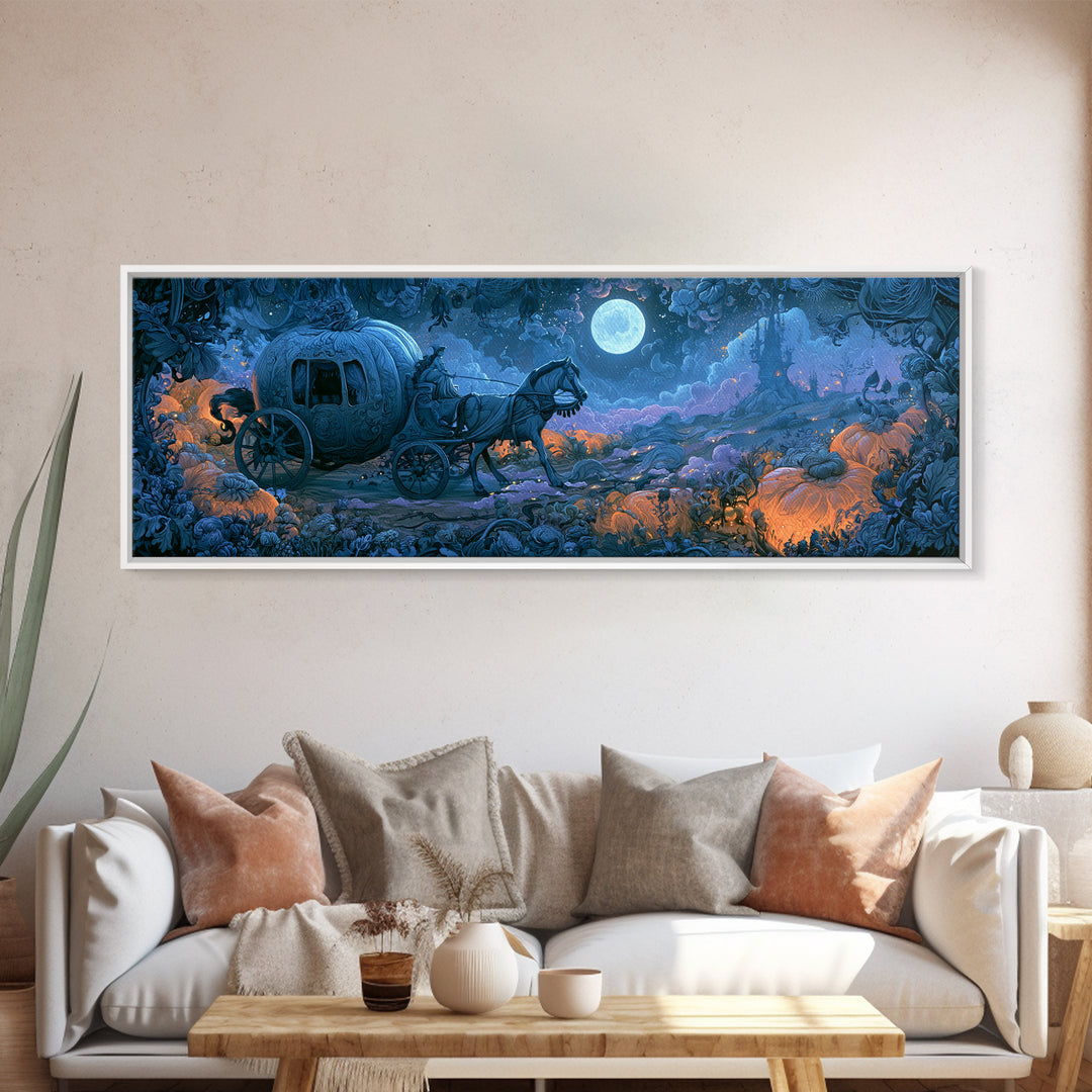 Pumpkin Carriage under Midnight Sky Framed Canvas Print, Fairy Tale Art, Minimalist Decor, Living Room Decor, Storybook, FTA-3x1-56
