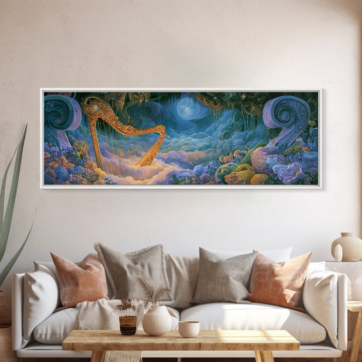 Golden Harp in a Cloud Kingdom Canvas Print, Fairy Tale Art, Boho Decor, Living Room Decor, Oil Painting, Storybook, Art Print, FTA-3x1-62