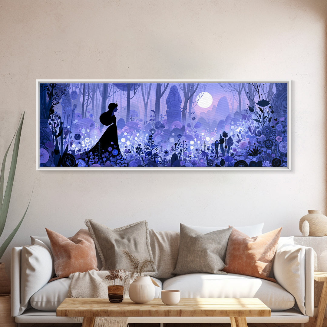 Princess Silhouette with Moonlit Garden Flowers Framed Canvas Print, Fairy Tale Art, Home Decor, Living Room Decor, Storybook, FTA-3x1-68