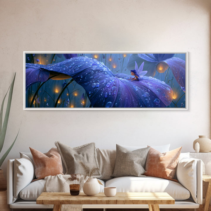 Tiny Fairy Resting on a Dew Covered Canvas Print, Fairy Tale Art, Printable Art, Living Room Decor, Oil Painting, Storybook, FTA-3x1-71