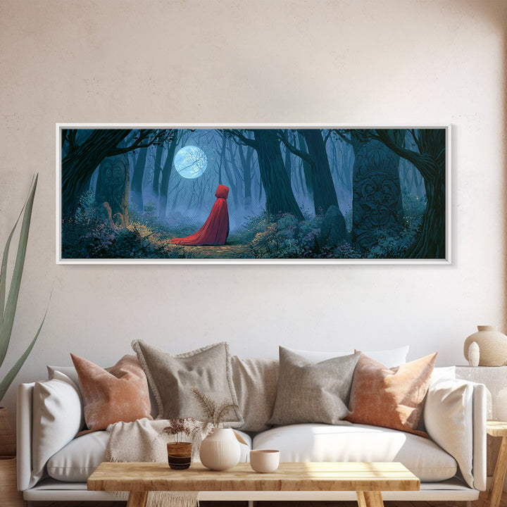 Red Cloak Figure Walking Through Dark Woods Framed Canvas Print, Fairy Tale Art, Wall Decor, Living Room Decor, Storybook, FTA-3x1-72