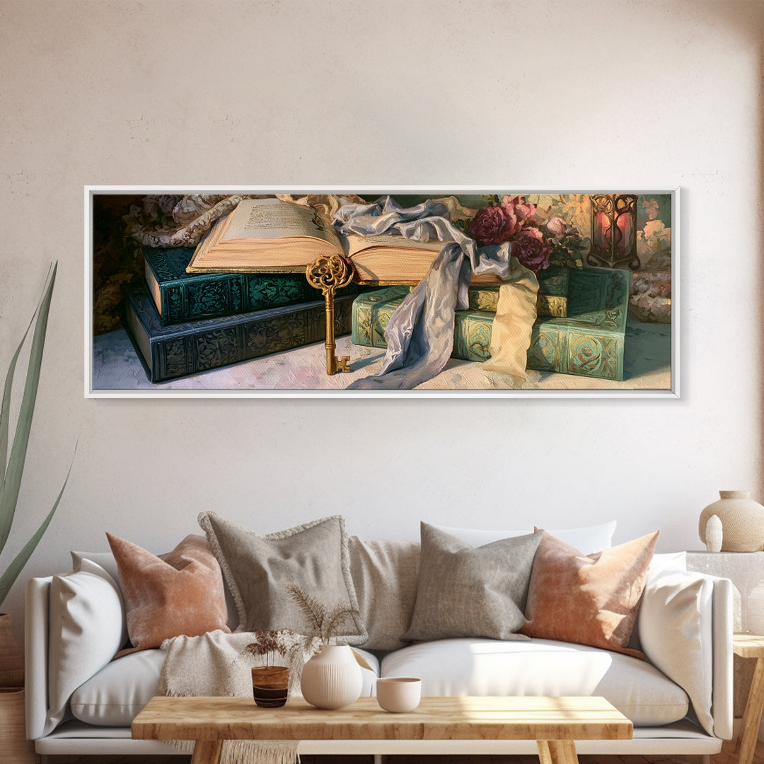 Golden Key and Enchanted Book Still Life Framed Canvas Print, Fairy Tale Art, Neutral Decor, Living Room Decor, Storybook, FTA-3x1-73
