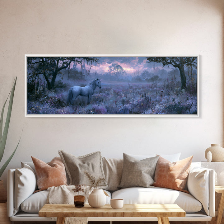 Unicorn in a Moonlit Meadow Framed Canvas Print, Fairy Tale Art, Princess Wall Art, Living Room Decor, Fine Art, Storybook, FTA-3x1-74